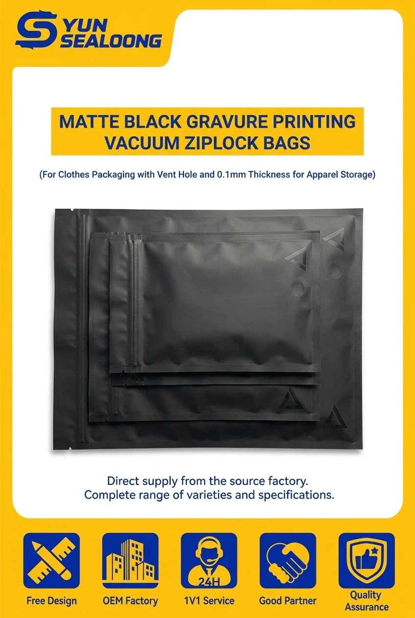 Matte Black Moisture Proof LDPE Gravure Printing Ziplock Bags with Vent Hole and 0.1mm Thickness for Clothes Packaging