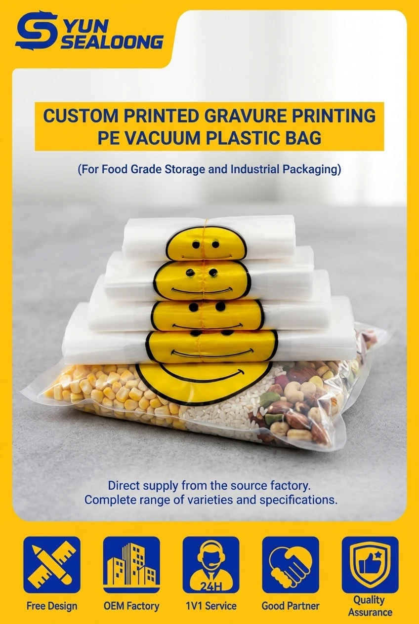 Custom Printed Gravure Printing PE Vacuum Plastic Bag with Custom Logo Design for Food Grade Storage and Industrial Packaging