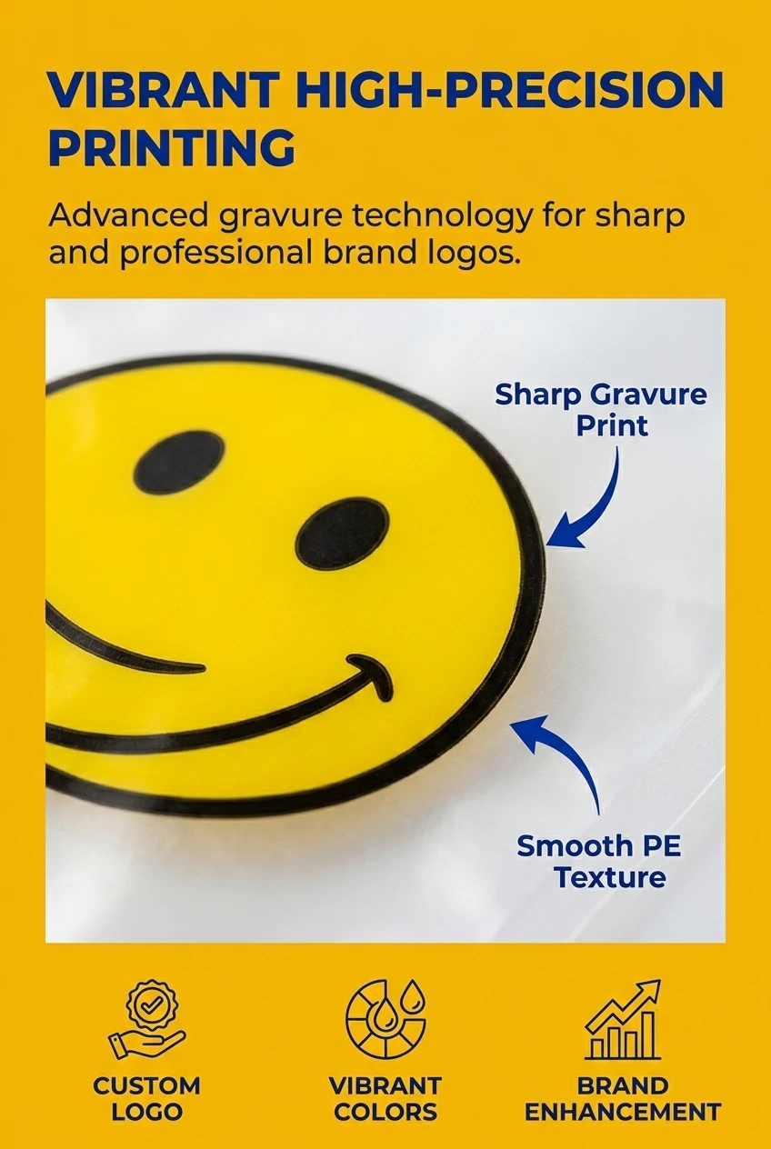 Professional plastic bag custom logo using advanced gravure printing technology. These poly bags for clothes packaging and fo