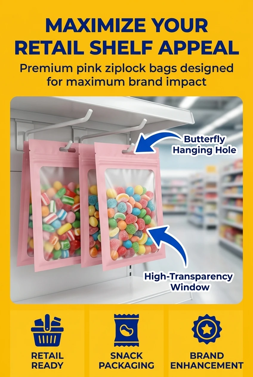 Custom Printed PE Colored Zipper Bag Resealable Smell-proof Moisture Proof Durable Flat Bag with Clear Window Food Snack Jewelry