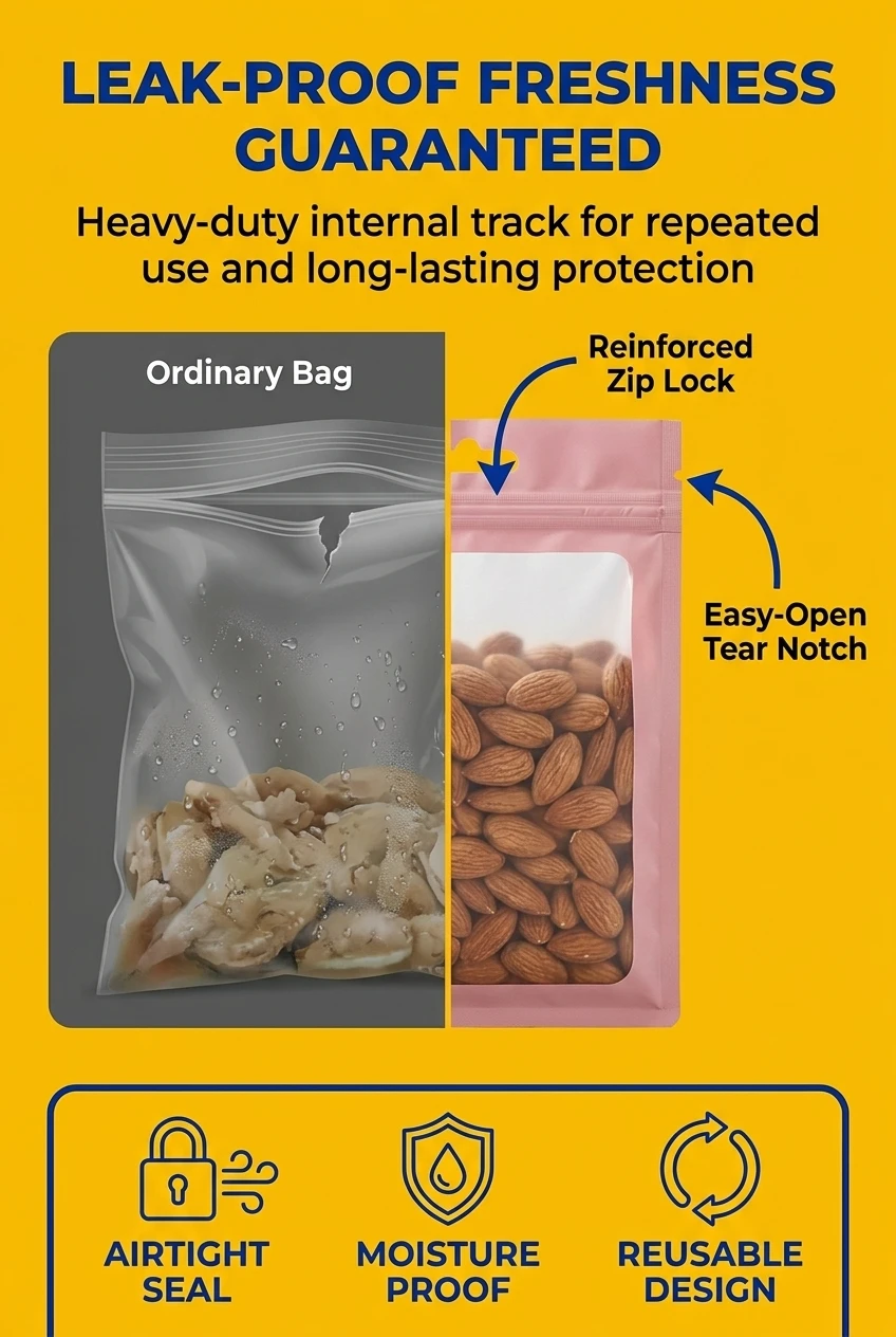 Durable ziplock bags for food packaging with reinforced resealable zippers. This plastic bags zip lock design ensures airtigh