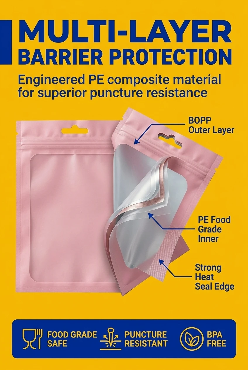 Multi-layer vacuum plastic bag construction for superior puncture resistance. These pink packaging bag options provide food-g