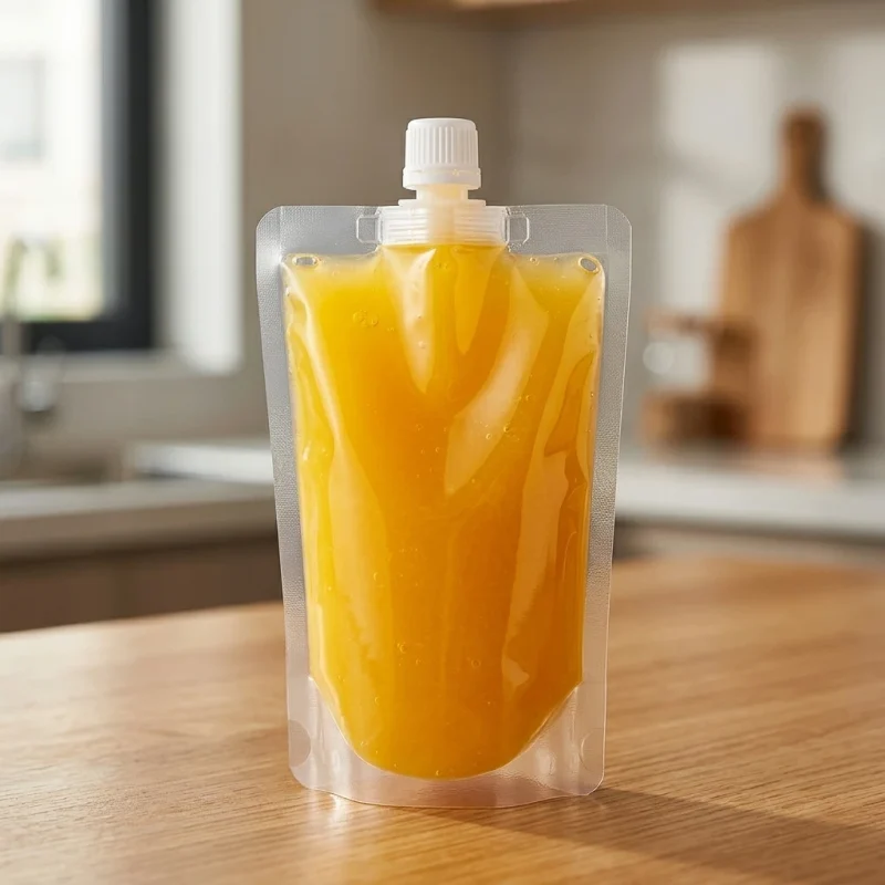 stand up spout pouch showing prismatic rainbow effect on transparent soft BOPP base