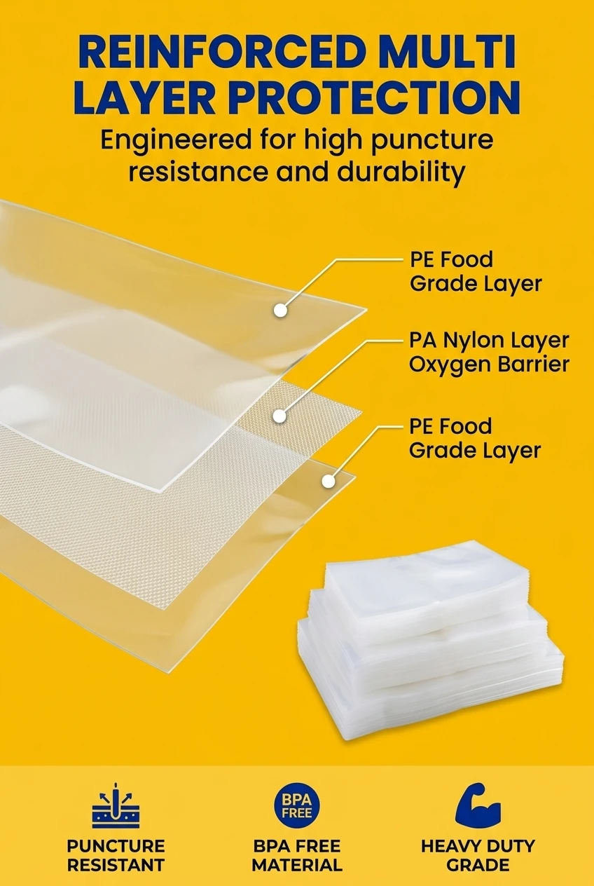 High performance thickened plastic bags with multi layer PA PE structure. Our plastic bags for packaging provide exceptional