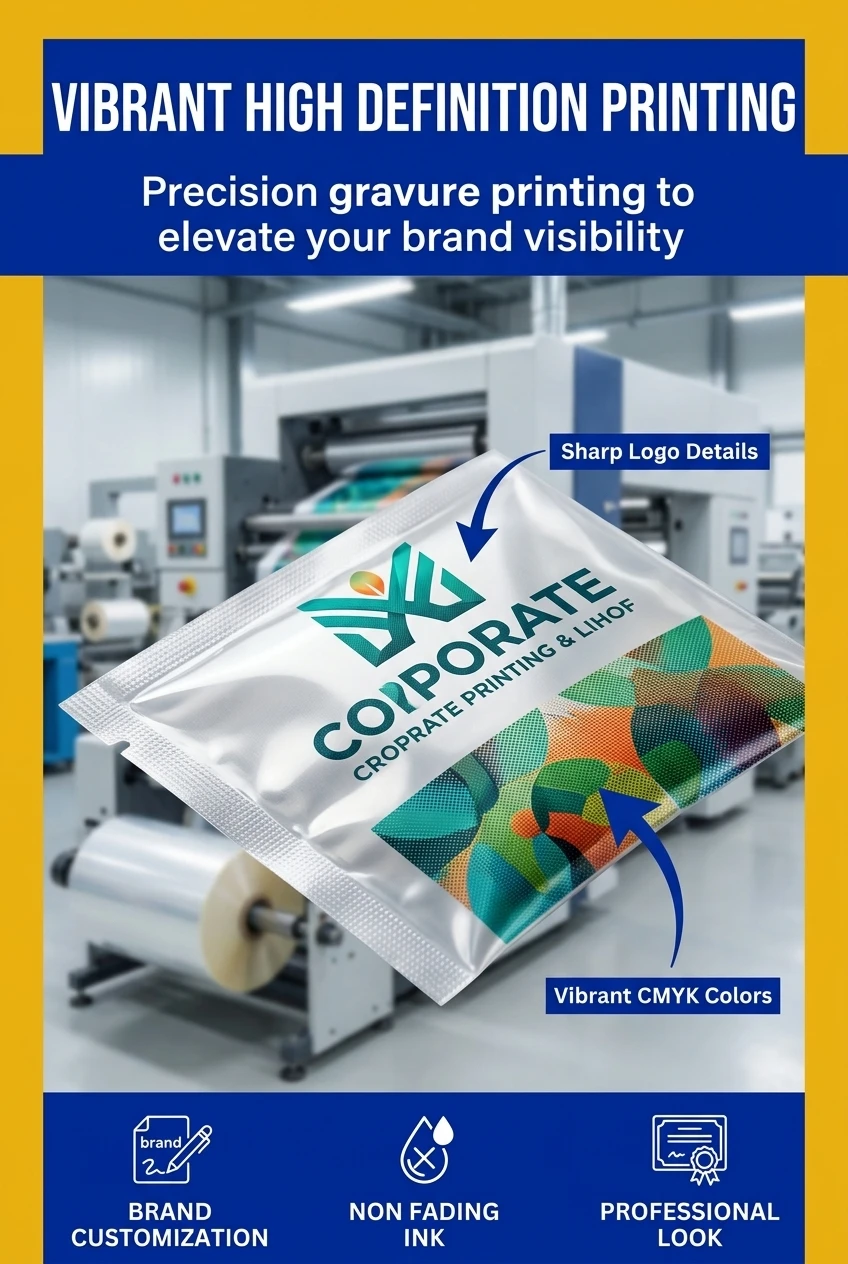 Customized food packaging bag featuring high definition gravure printing. Elevate your brand with vibrant colors on our vacuu