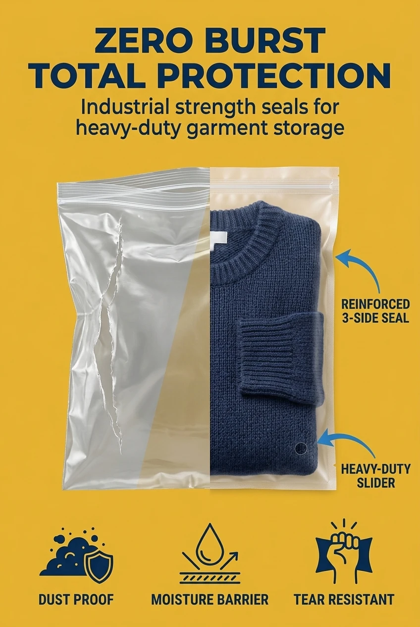 Durable poly bags for clothes packaging designed to solve the problem of edge splitting. Our clothing plastic bags feature re