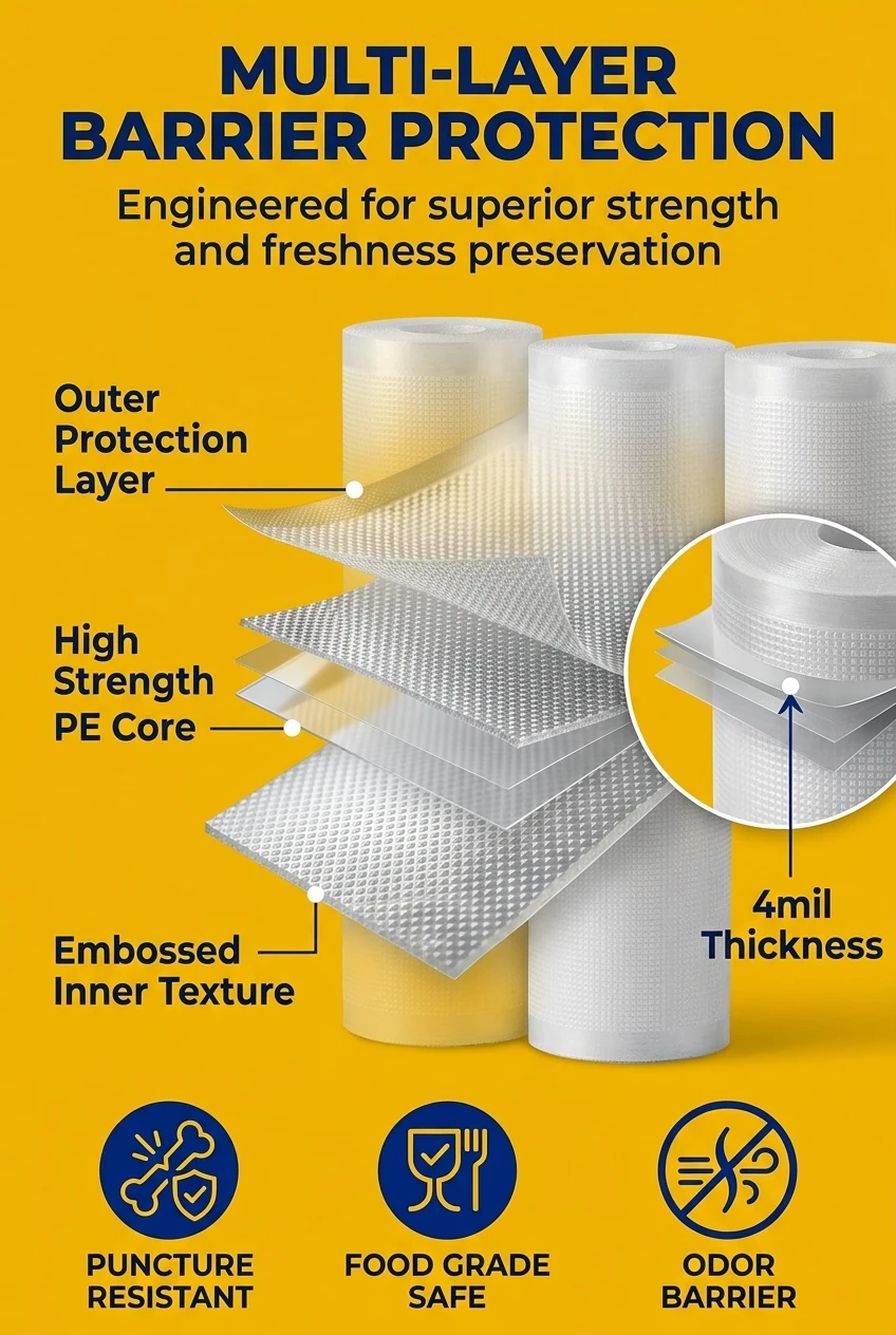 High density PE vacuum plastic bag construction. Our thickened plastic bags offer an excellent moisture barrier as food packa