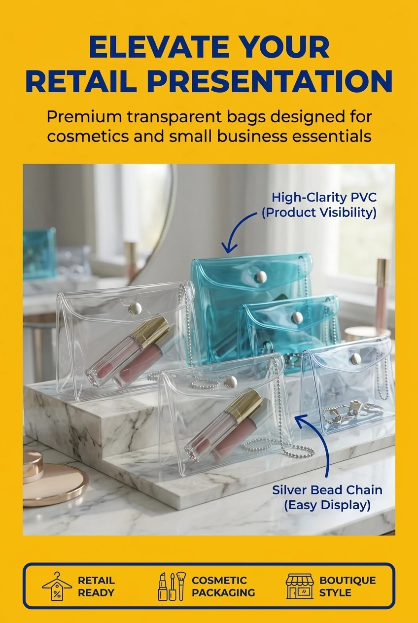 Gravure Printed Waterproof PVC Transparent Bags with Snap Button for Small Businesses and Lip Gloss Packaging