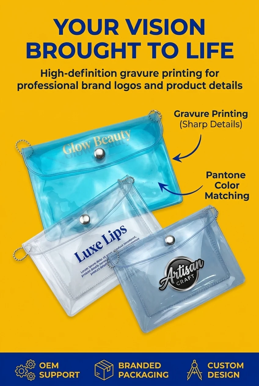 Clear PVC Snap Button Pouches cold lamination application on decorative stickers with bubble-free finish