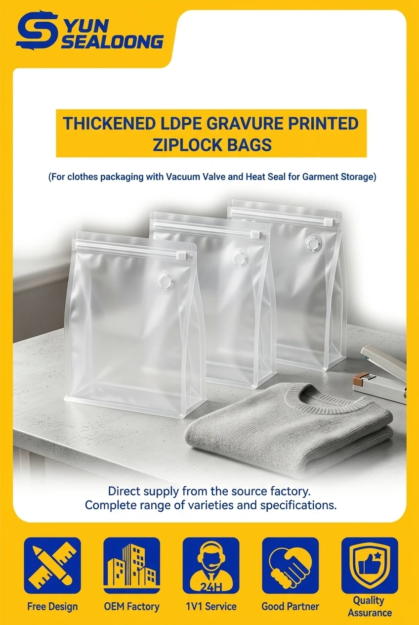 Thickened LDPE Gravure Printed Ziplock Bags for Clothes Packaging with Vacuum Valve and Heat Seal for Garment Storage