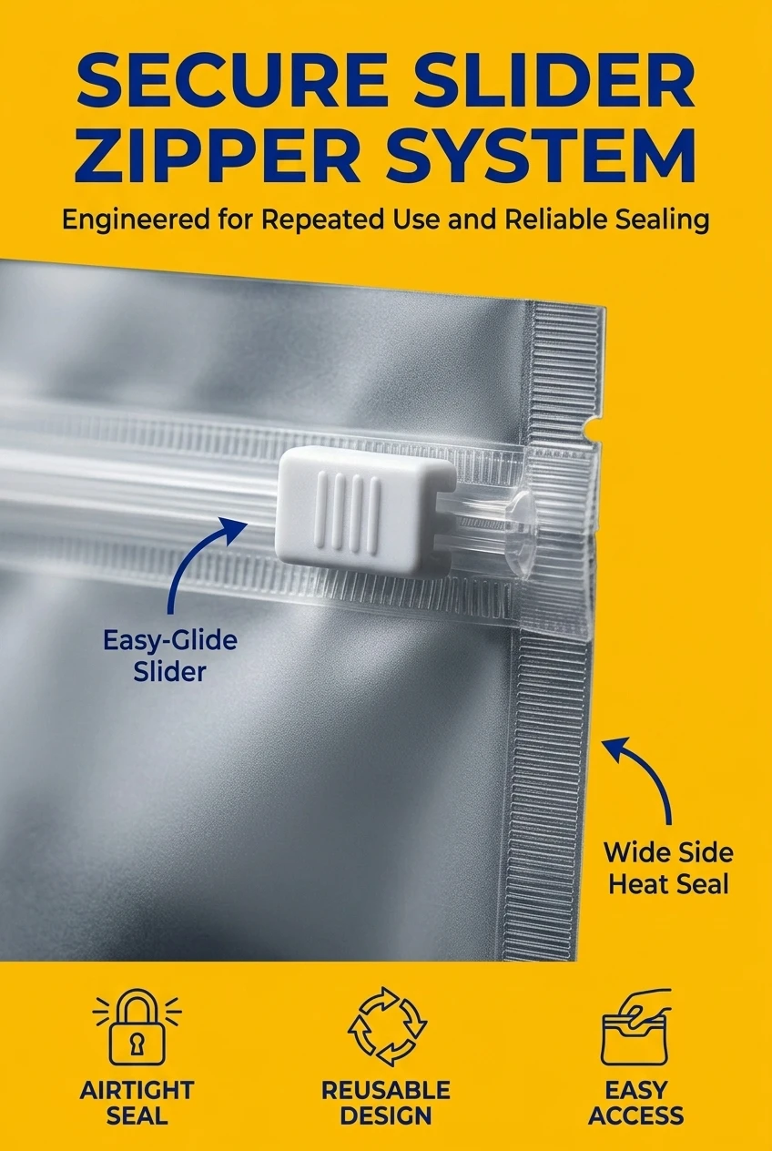 Close-up of the secure slider zipper on our ziplock bags for clothes packaging. Reinforced three-side heat sealing ensures ai