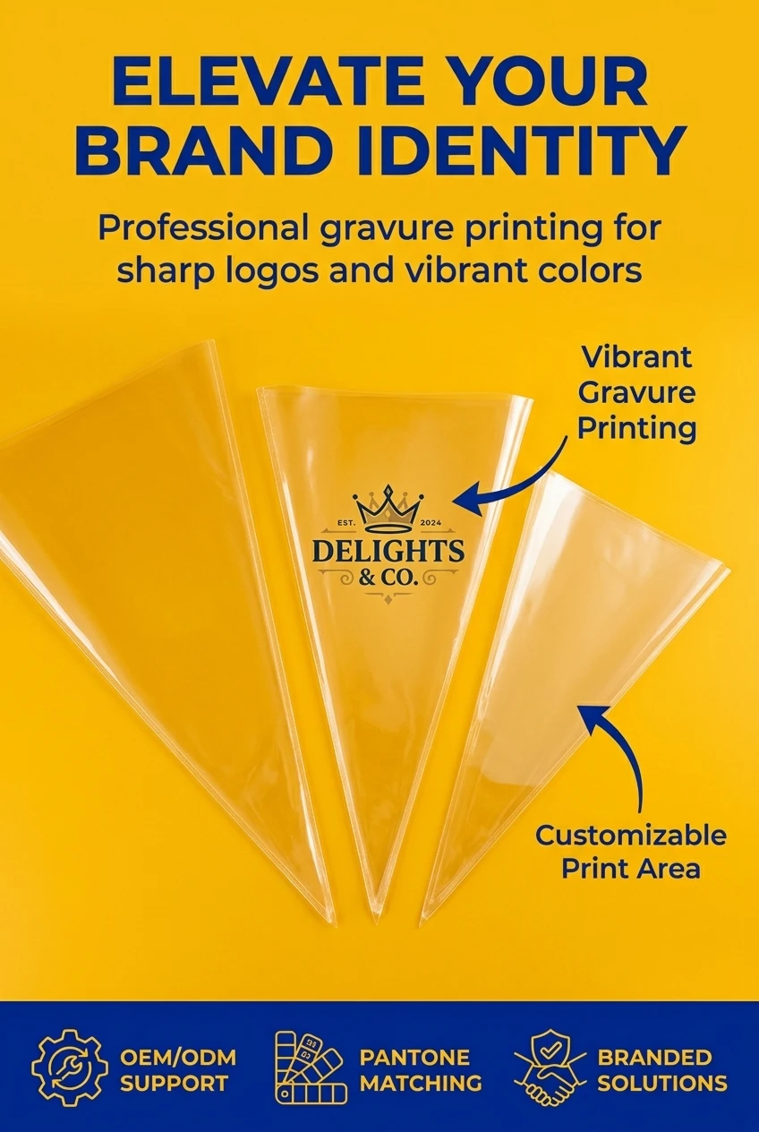 Waterproof clear plastic cone bags for snacks protecting printed gift box designs from moisture