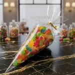 clear plastic cone bags for snacks showing prismatic rainbow effect on transparent soft BOPP base