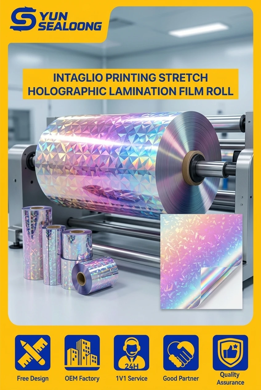 Intaglio Printing Stretch Holographic Lamination Film Roll with Iridescent Broken Glass and Star Patterns for Gift and Craft