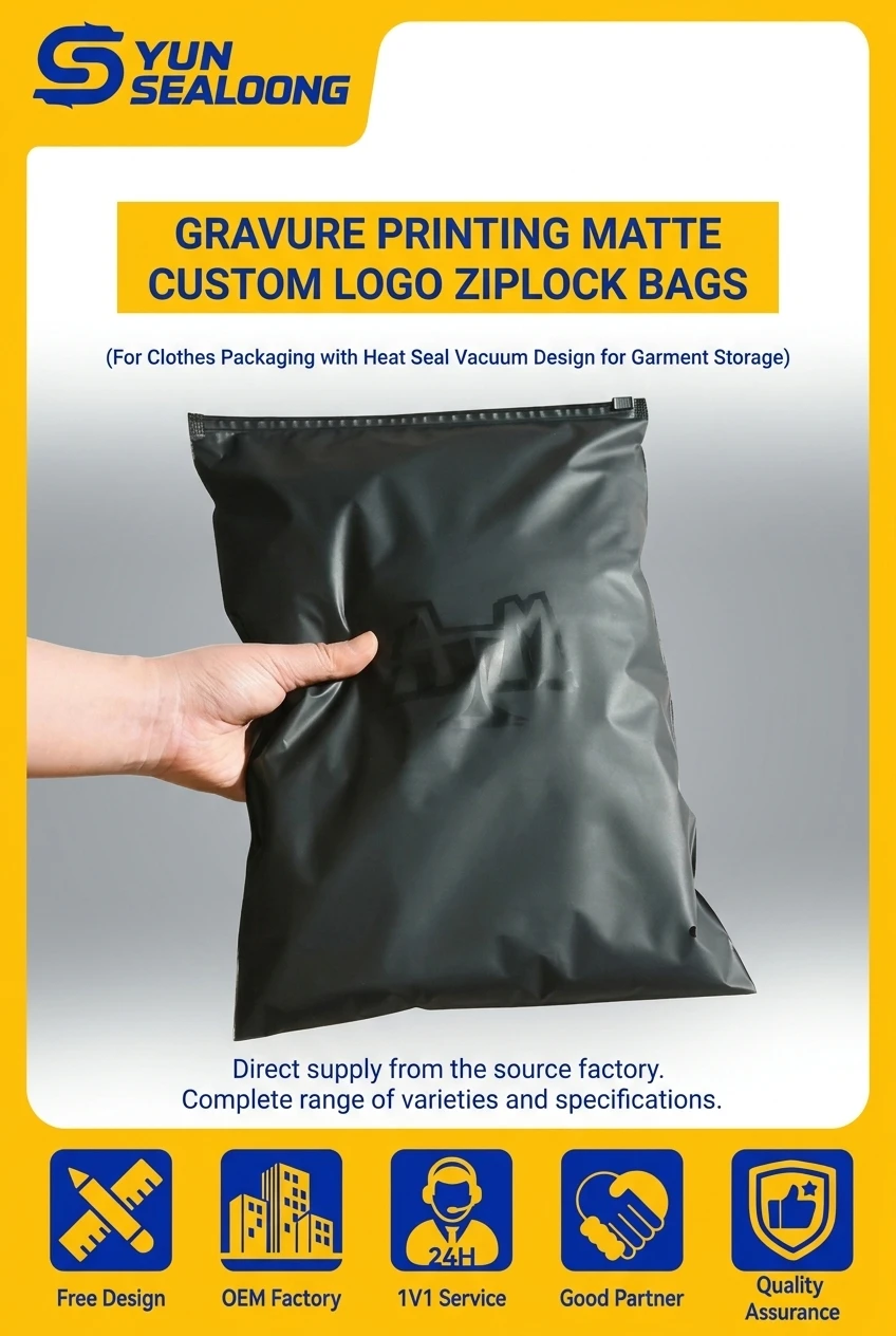 Gravure Printing Matte Custom Logo Ziplock Bags for Clothes Packaging with Heat Seal Vacuum Design for Garment Storage