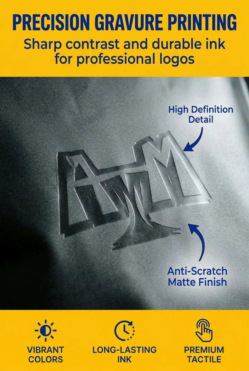 High definition plastic bag custom logo using professional gravure printing techniques. Our zip bag packaging features sharp