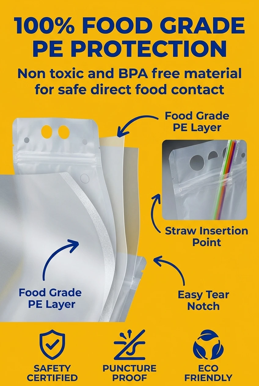 Safe and non-toxic ziplock bags for food packaging made from premium PE material. This customized food packaging bag is BPA-f