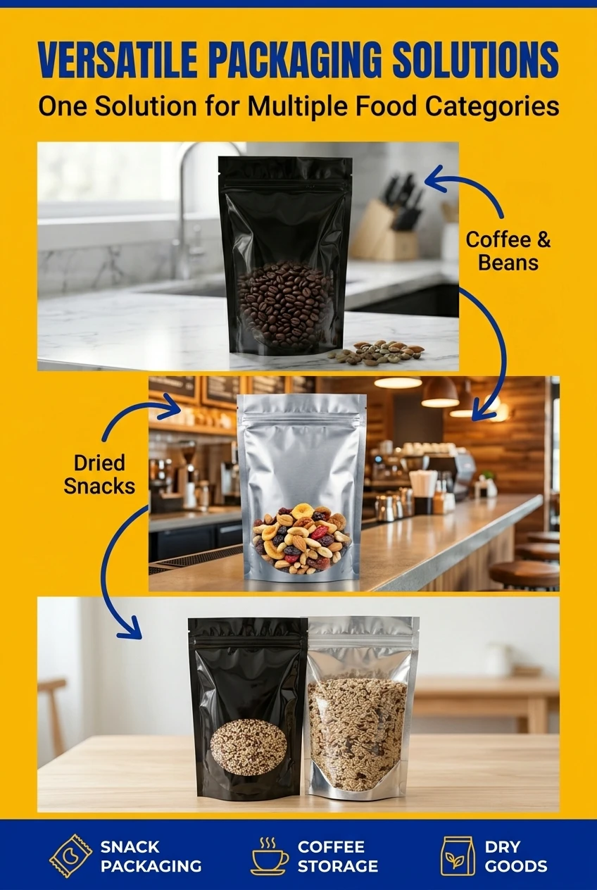 Factory direct gravure printed mylar bags with custom logo and glossy black finish. Versatile resealable pouches for tea, spi