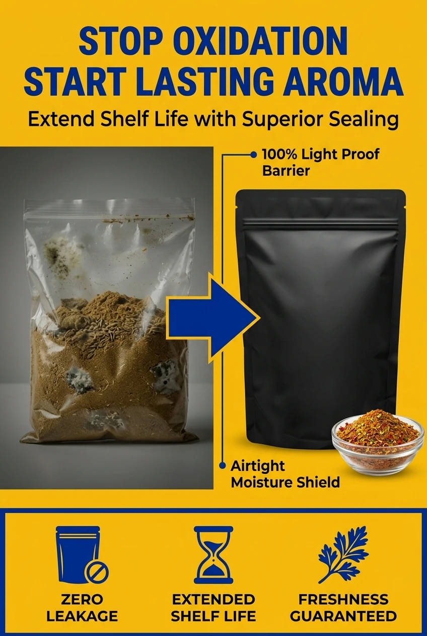 Premium gravure printing food pouch with custom logo on a matte black surface. Versatile packaging solution for 5lb bulk stor