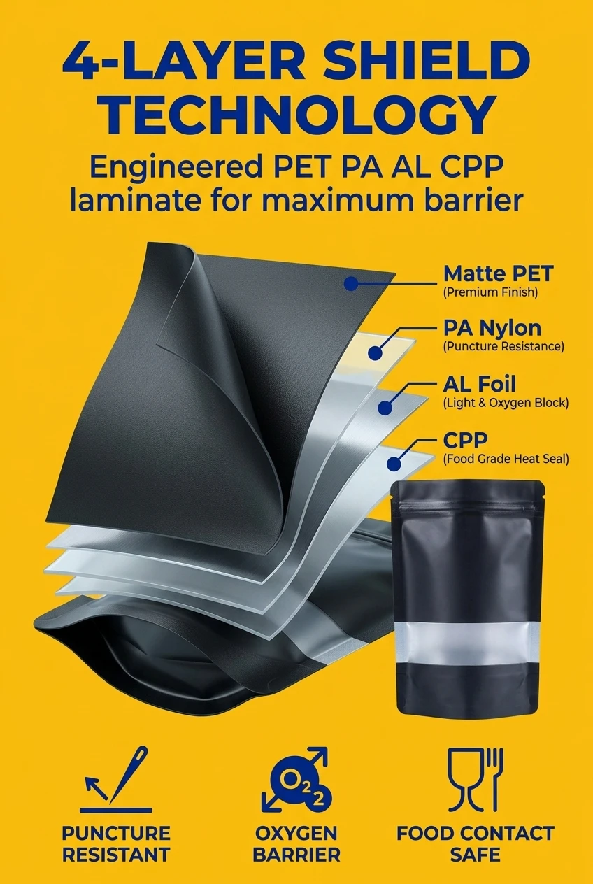 Industrial grade ziplock bags for food packaging with PET PA AL CPP structure. Our customized food packaging bag offers super