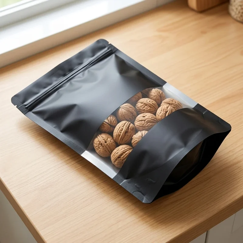 Close-up of stand up ziplock food bags surface with vertical holographic grating pattern