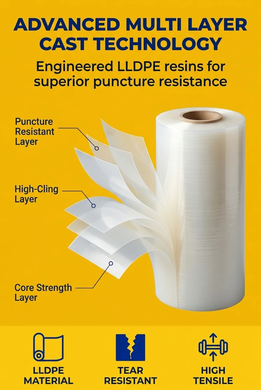 Engineered lldpe stretch film with multi-layer cast structure. This roll film packaging offers exceptional puncture resistanc