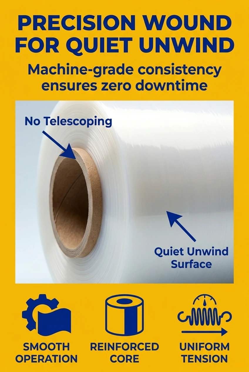 Consistent roll film packaging quality with reinforced paper cores. Our machine grade stretch film is precision wound to prev