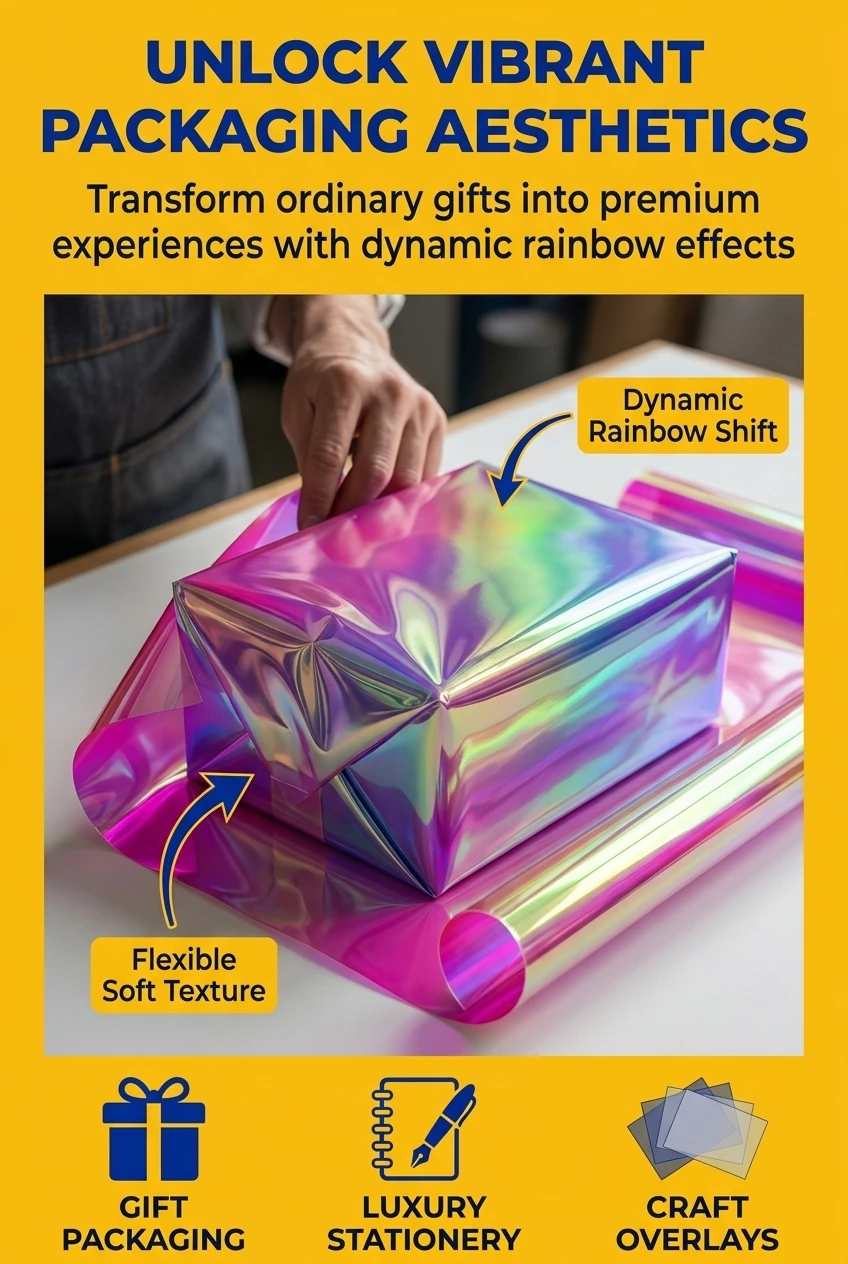 holographic laminating film roll detail view showing vertical rainbow stripe pattern and transparency