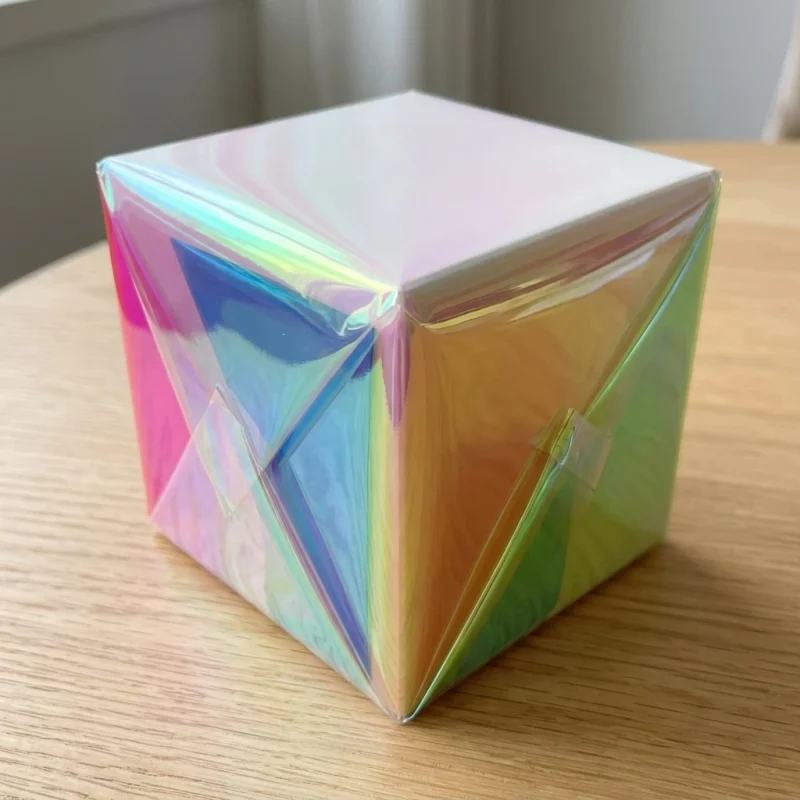 Close-up of holographic laminating film roll surface with vertical holographic grating pattern
