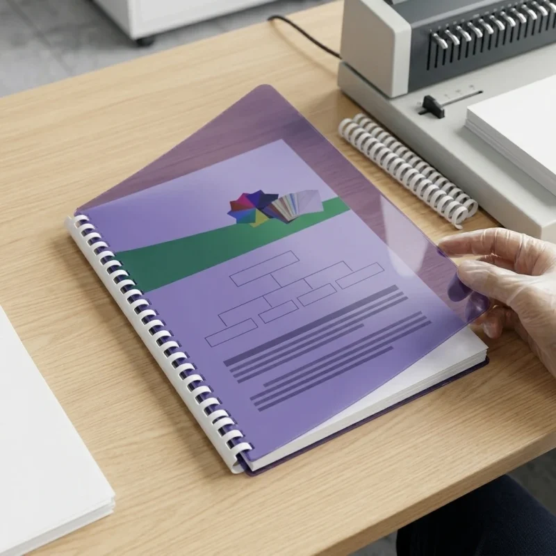 Close-up of rigid laminating film a4 surface with vertical holographic grating pattern