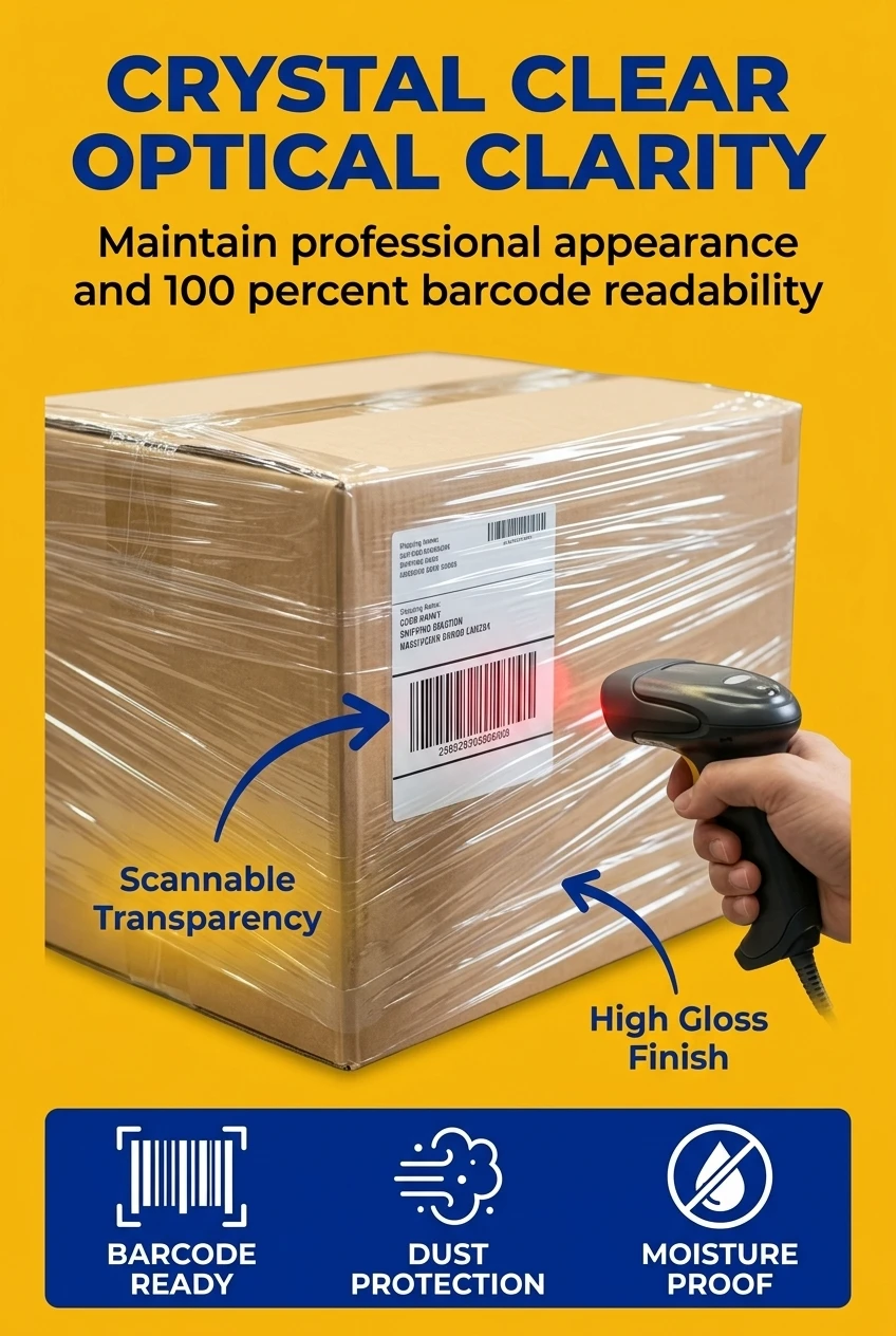 Glossy ldpe clear film rolls for easy barcode scanning and inventory management. This lldpe stretch film maintains high trans