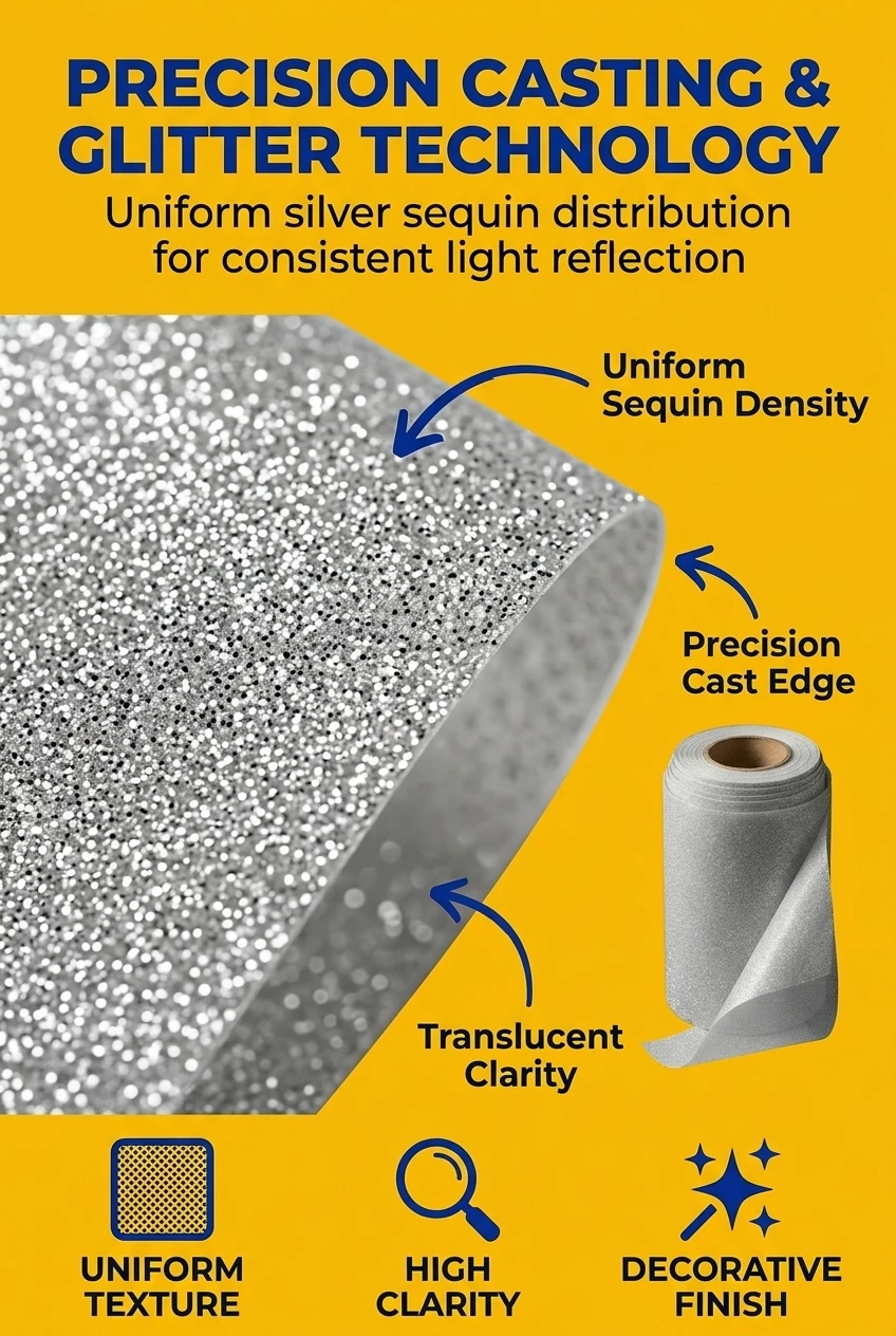 Advanced cast polypropylene film with uniform glitter distribution. Our sequin film utilizes precision casting to ensure thic
