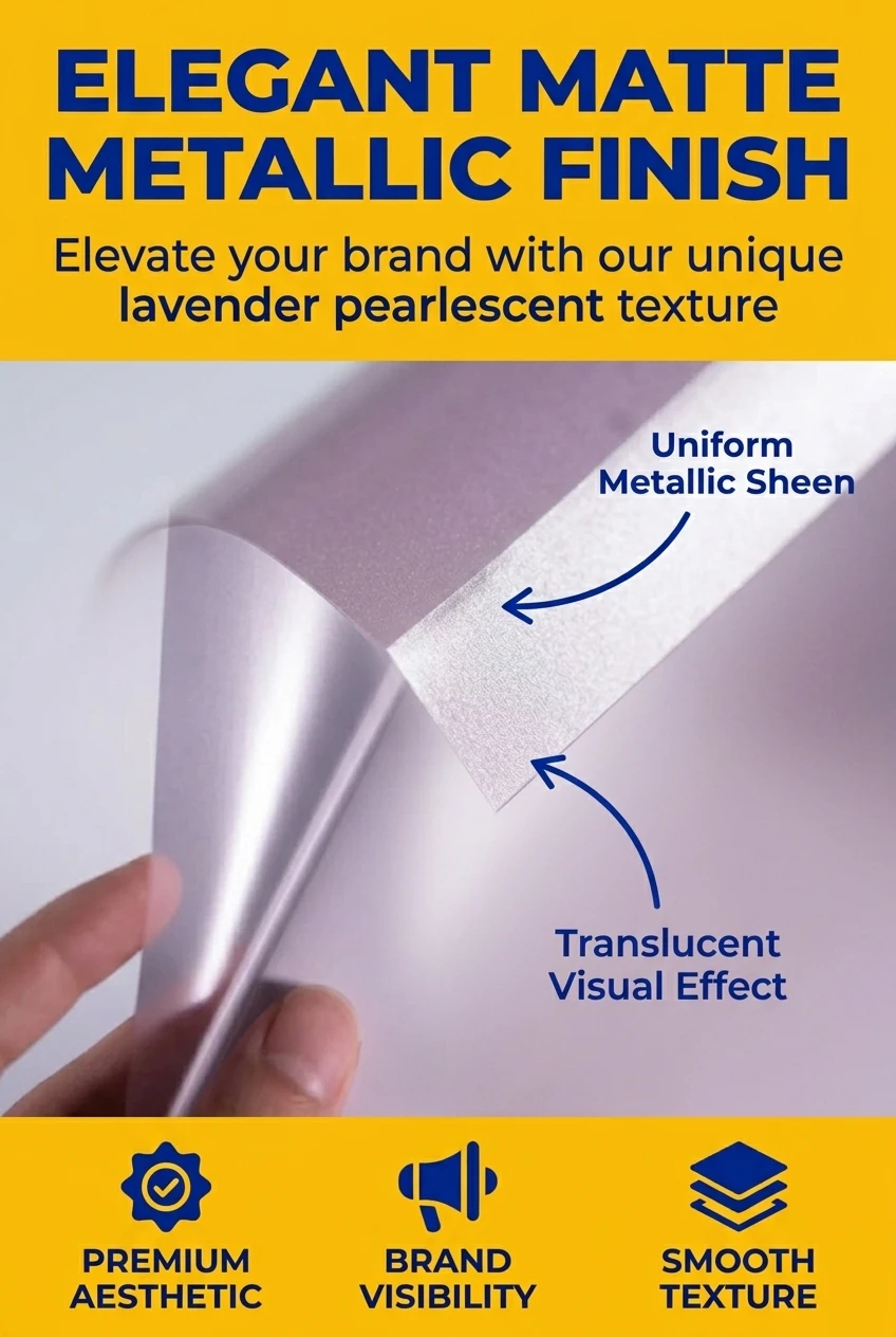 Premium translucent bopp film roll featuring a sophisticated lavender pearlescent texture. The smooth surface of this metalli