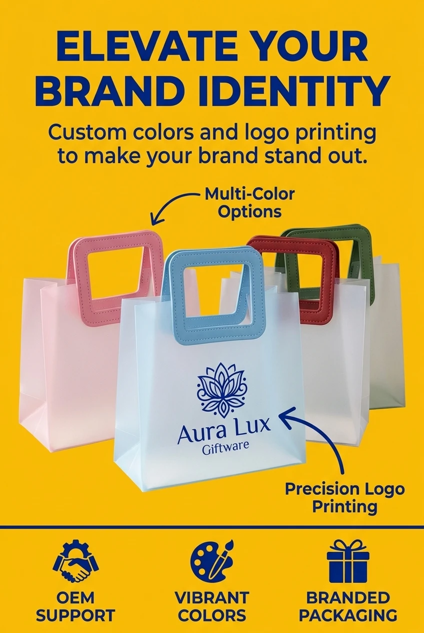 Recyclable PVC Frosted Transparent Die Cut Handle Plastic Bags with Stand up Pouch Design for Gift and Craft Packaging