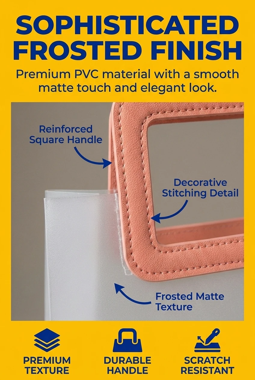Close up detail of frosted die cut handle plastic bags showing the premium matte texture and reinforced square handle. These