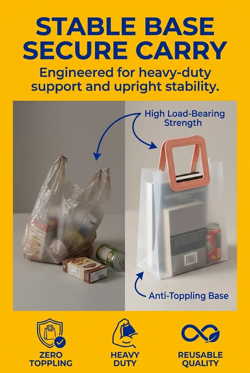 Comparison showing the superior stability of our die cut handle plastic bags compared to ordinary flat bags. These plastic ba
