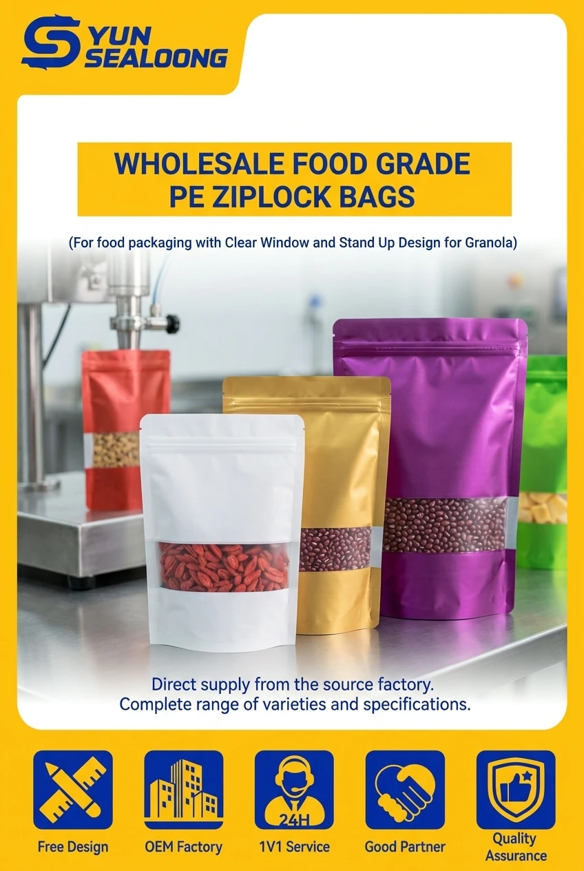 Wholesale Food Grade PE Ziplock Bags for Food Packaging with Clear Window and Stand up Pouch for Granola and Spice Storage