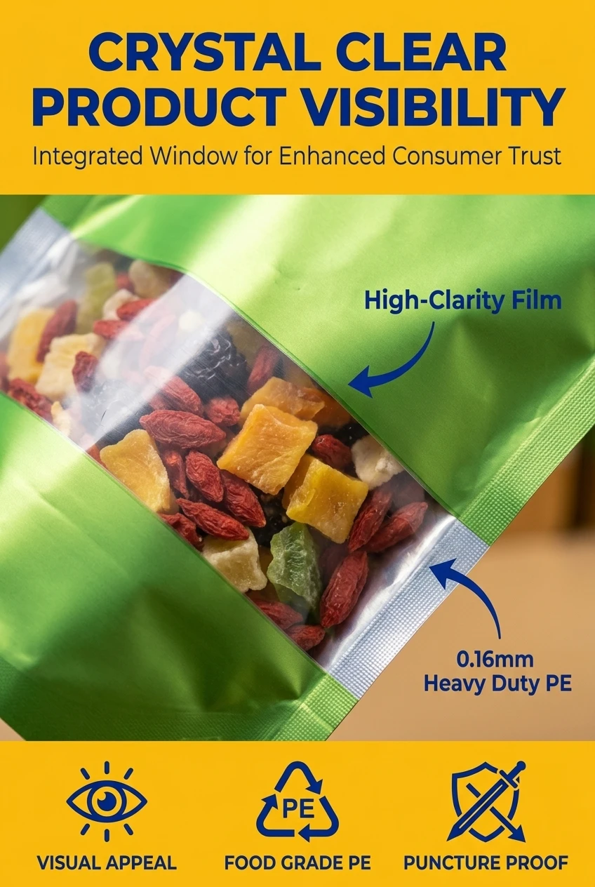 High-quality clear plastic bags for plantain chips with integrated viewing window. Our zip bag packaging uses 0.16mm food-gra