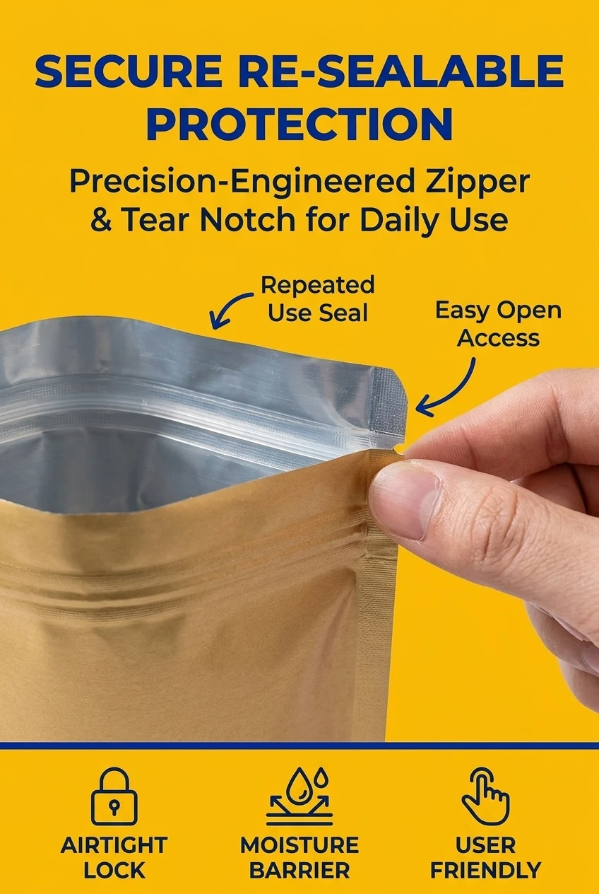 Reliable ziplock bags for food packaging with heavy-duty resealable zippers. Featuring easy-tear notches for consumer conveni