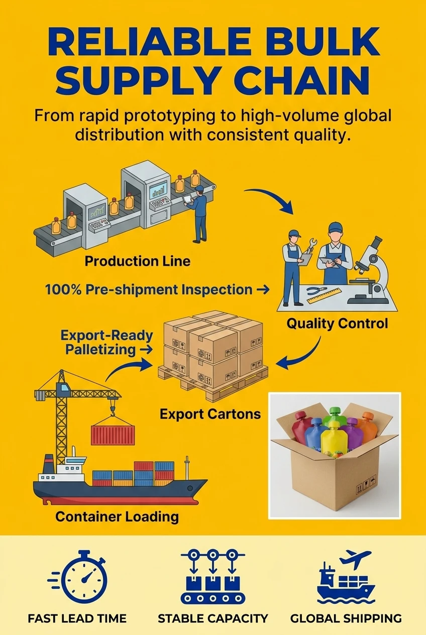 Reliable wholesale food packaging supply for global beverage brands. Our factory produces customized food packaging bag order