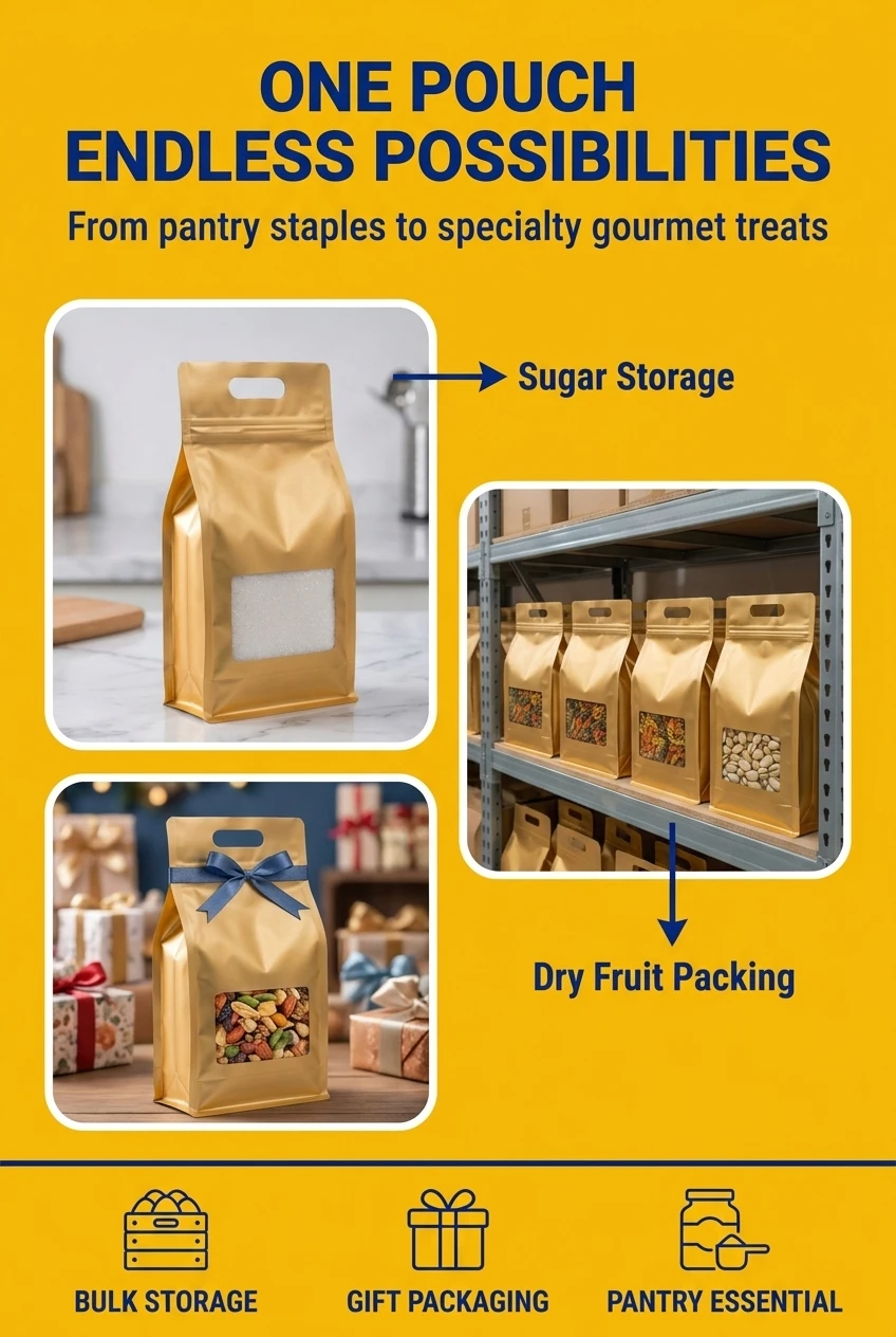 Versatile square bottom ziplock bags for food packaging suitable for retail display. Ideal eight side seal packaging pouch fo