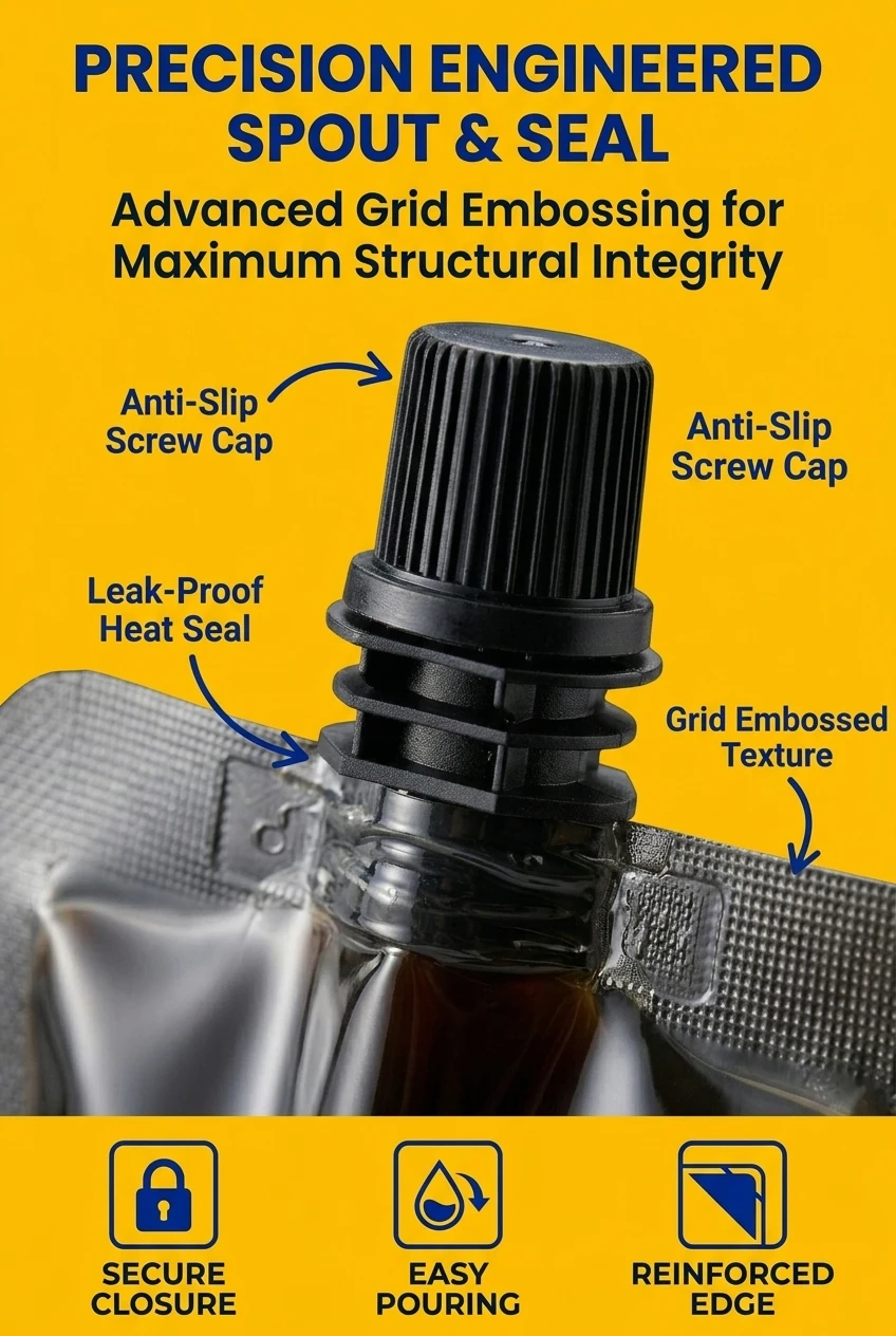 Detail shot of lip gloss packaging bags featuring a reinforced grid embossed heat seal. The secure spout top with an anti-sli