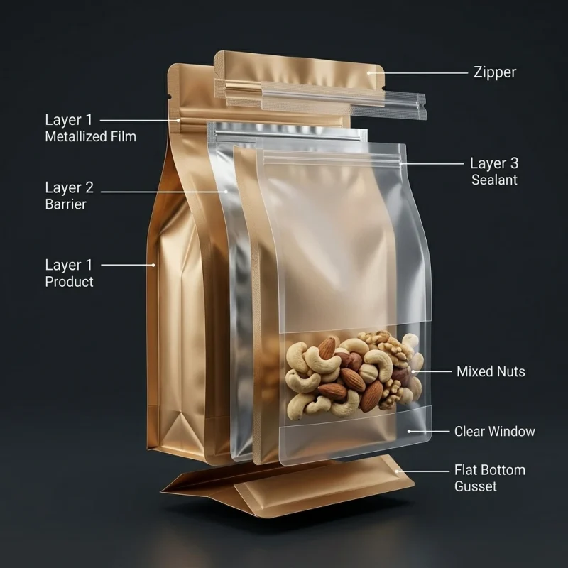 Resealable food packaging bags applied on luxury gift packaging demonstrating 3D laser reflection