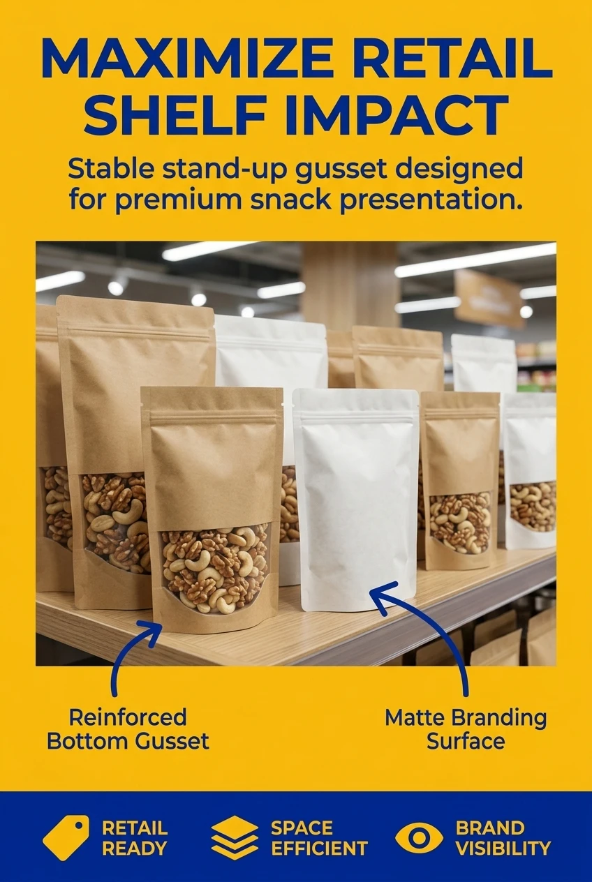 Custom Kraft Paper Aluminum Foil Small Pouch 3 Side Sealed Heat Seal Flat Bag for Snack and Coffee Packaging