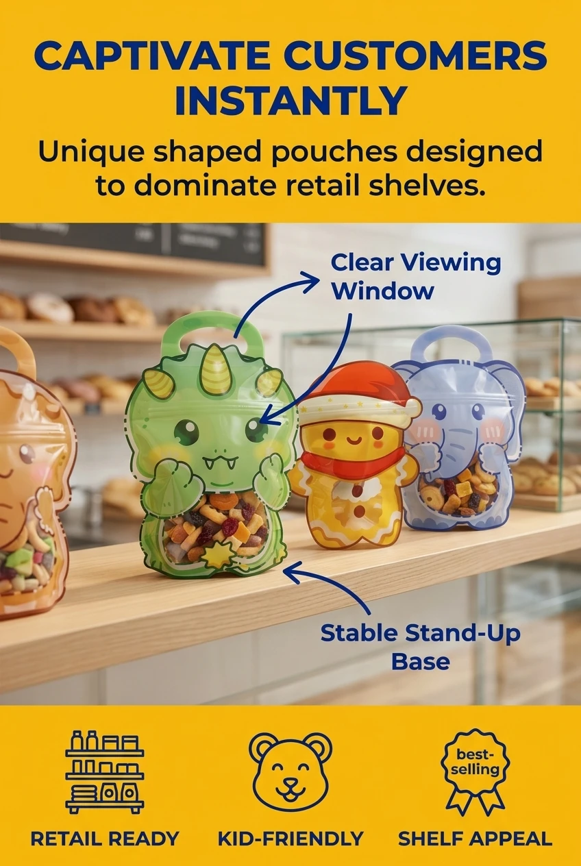 Waterproof custom shaped food packaging bags protecting printed gift box designs from moisture