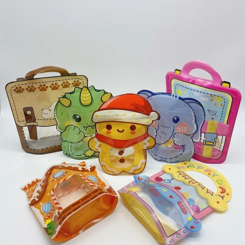 custom shaped food packaging bags showing prismatic rainbow effect on transparent soft BOPP base