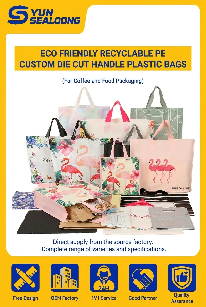 Wholesale Eco Friendly Recyclable PE Material Die Cut Luxury Mylar Bags with Hand Length Handle for Supermarket Use
