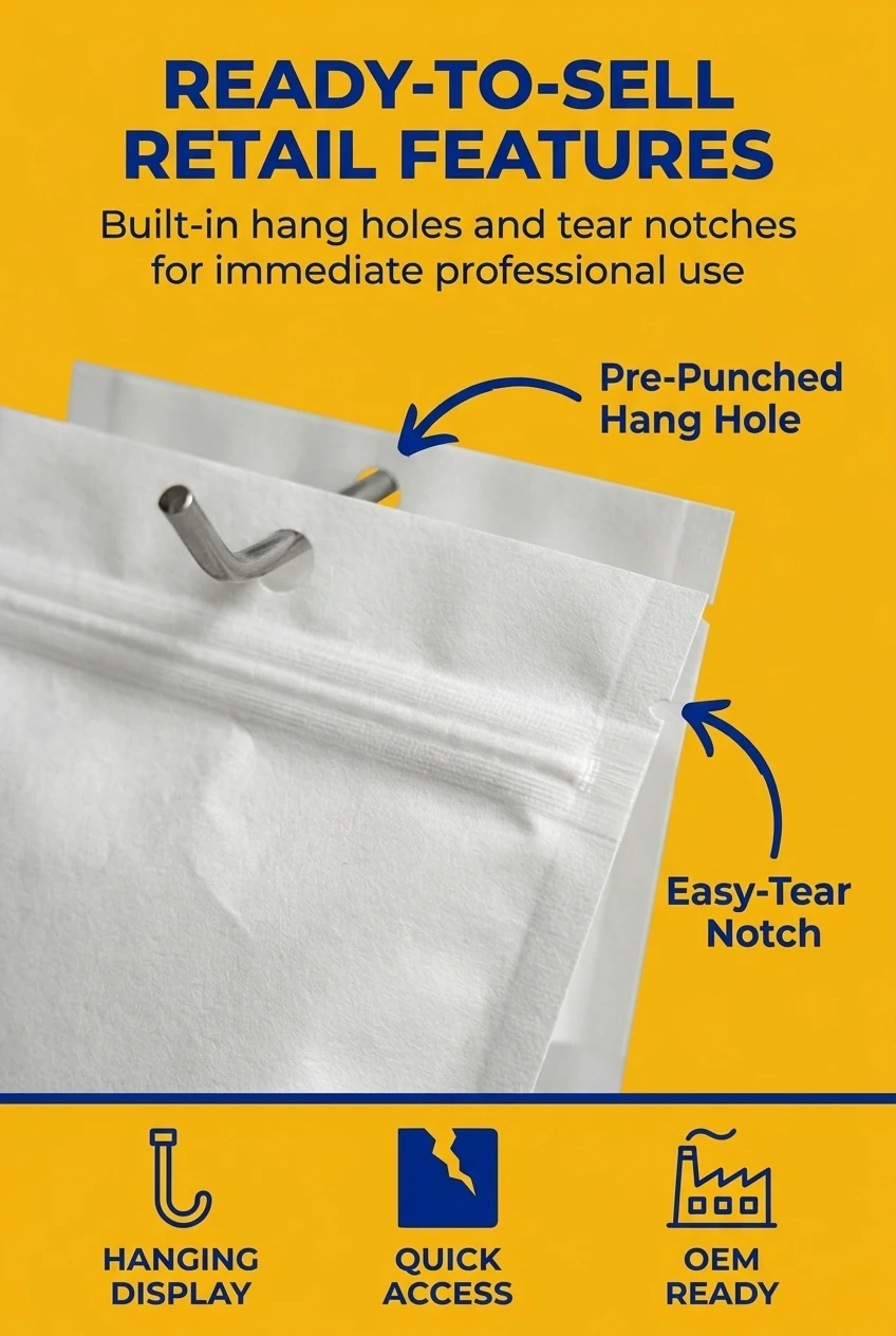 Retail-ready clear plastic ziplock bag with integrated hang hole. These self adhesive plastic bags feature easy-tear notches