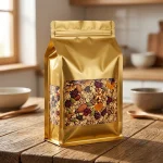 Close-up of resealable food packaging bags surface with vertical holographic grating pattern