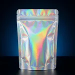 Close-up of holographic stand up pouch surface with vertical holographic grating pattern